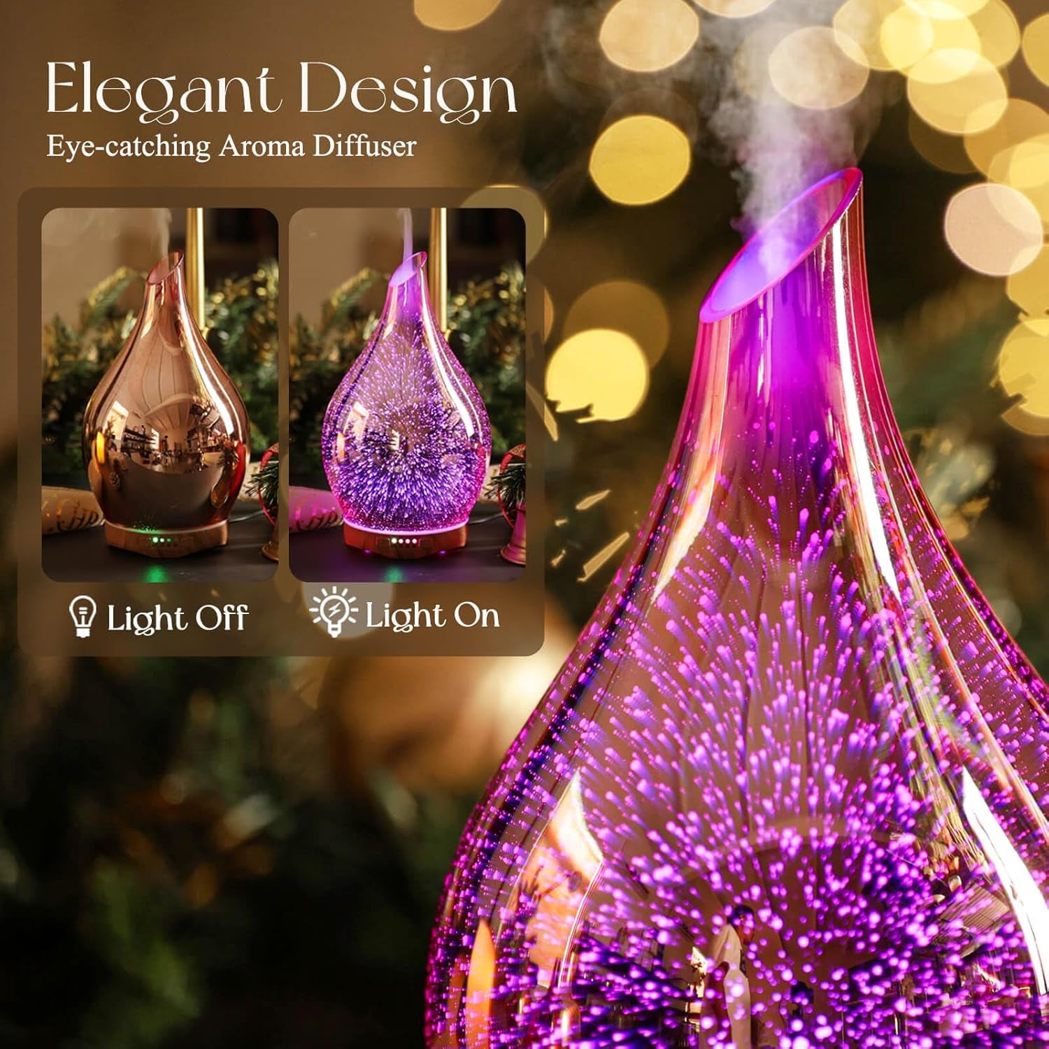 280Ml Essential Oil Diffuser, 3D Glass Aromatherapy Diffusor, Ultrasonic Cool Mist BPA Free Aroma Humidifier with Timer and Color Changing Function, Waterless Shut-Off for Home Office Room